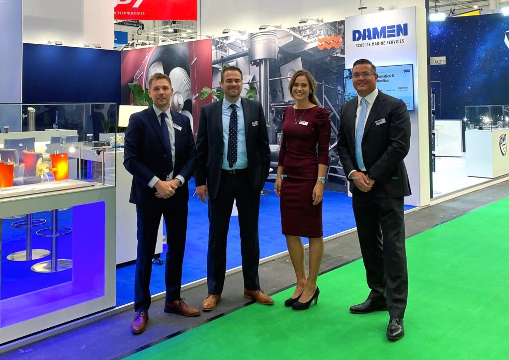 Some of the DSMS team at SMM Hamburg. From left: Guido Kloosterboer (Account Manager Germany), Ezra Lamers (Sales Manager Asia), Josine Glerum (Account Manager Scandinavia & UK), and Arnold Suykerbuyk (Managing Director).