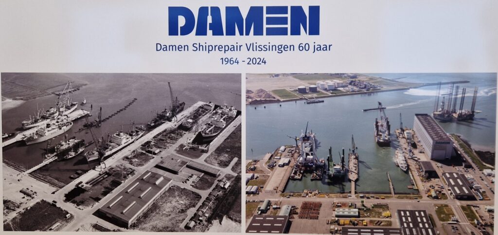 Toen en nu: de werf van DSV in Vlissingen-Oost in 1964 en in 2024.